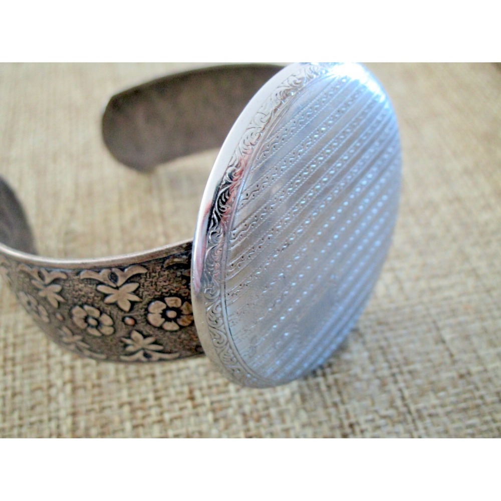 Vintage Pocket Watch Case Cuff Bracelet Silver Tone Floral Designs Steampunk